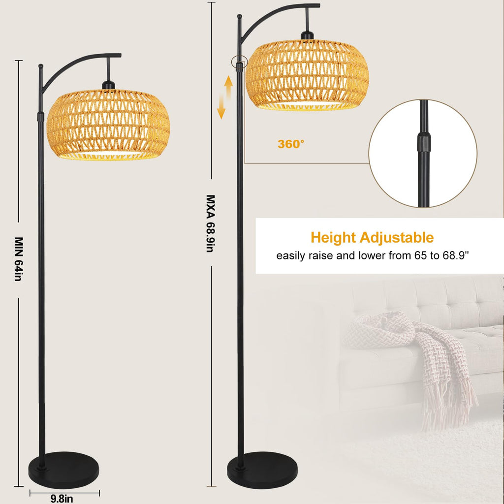 Arc Floor Lamps Rattan Boho Floor Lamp with Remote Control,Dimmable LED Floor Lamp Wicker Lamp Shades Black Standing