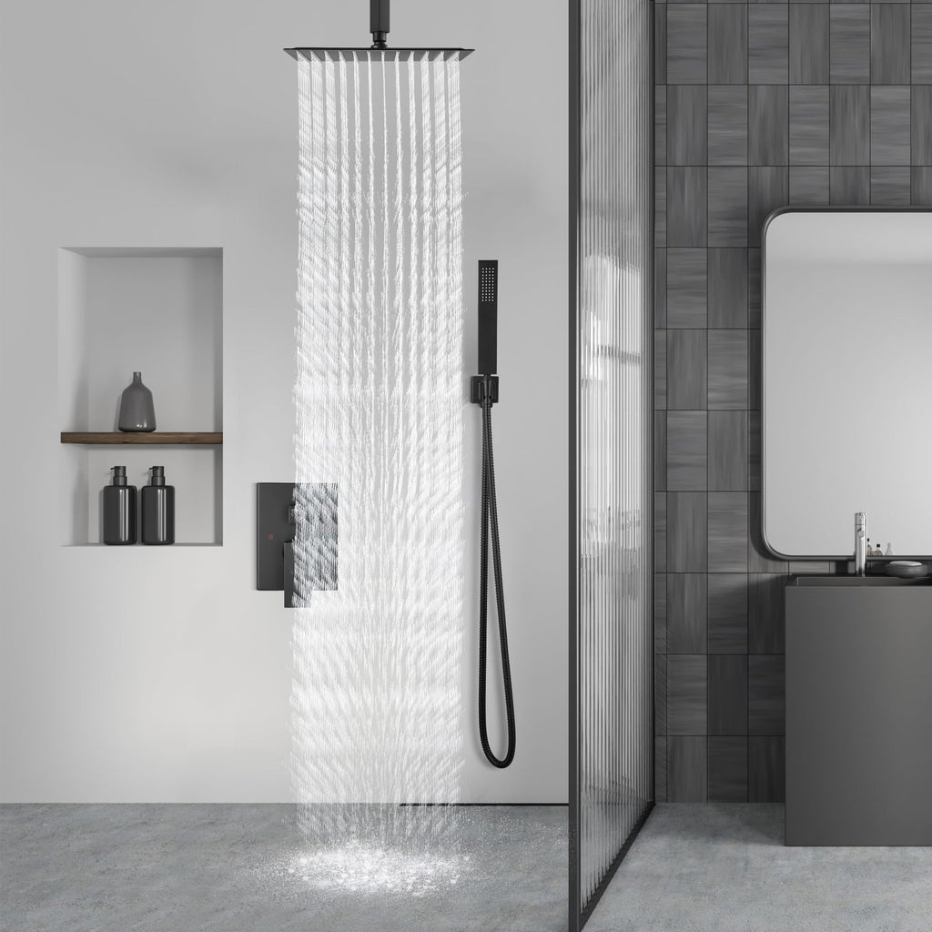 Ceiling Shower Faucet with Handheld 16 Inch Head Matte Black