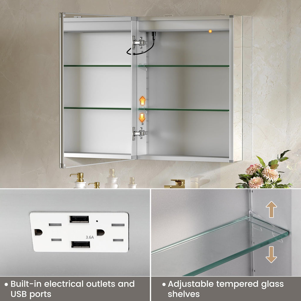 LED Lighted Medicine Cabinet with Mirror, Bathroom Mirror Cabinet with Lights, Outlet and USB, Recessed or Wall