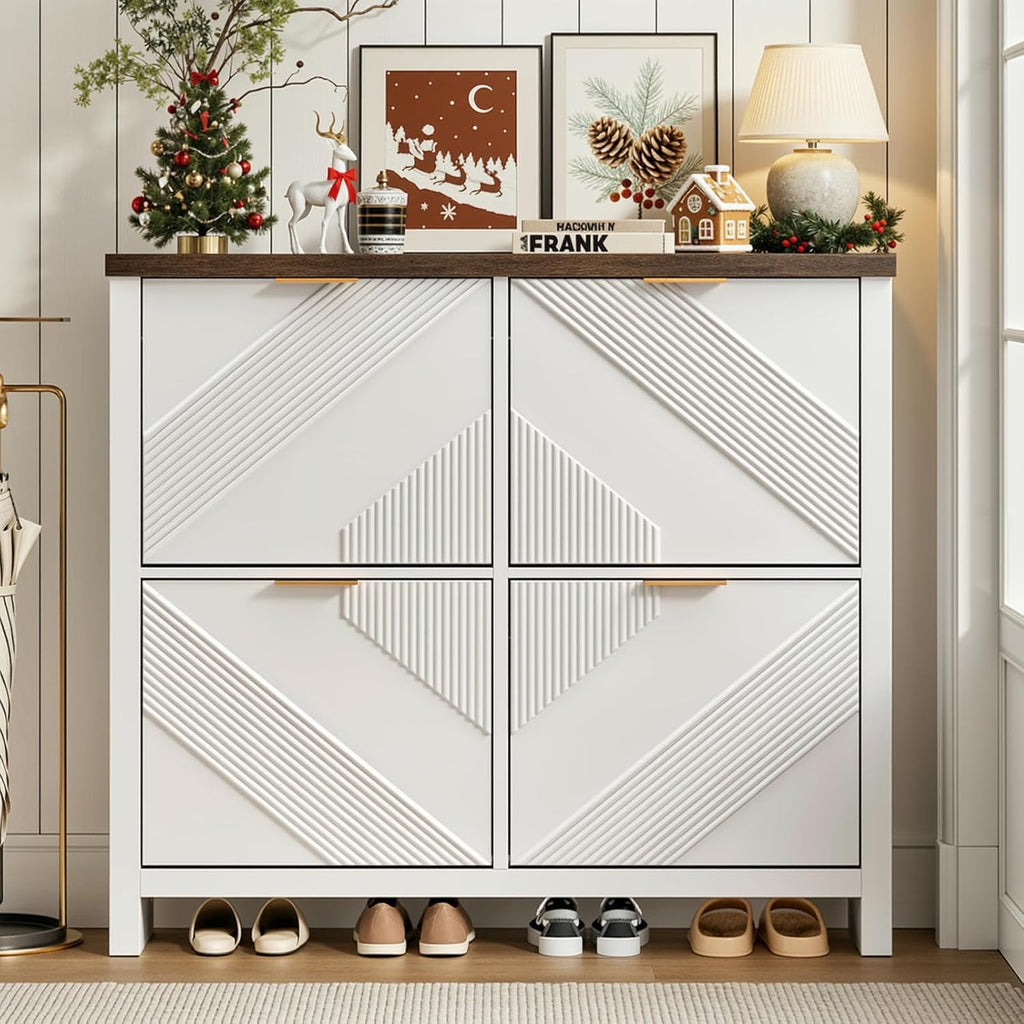 Shoe Cabinet with 4 Flip Drawers & Symmetric Groove Pattern | 44.5''W x 9.2''D x 39.4'' White Fit for 16-24 Pairs of