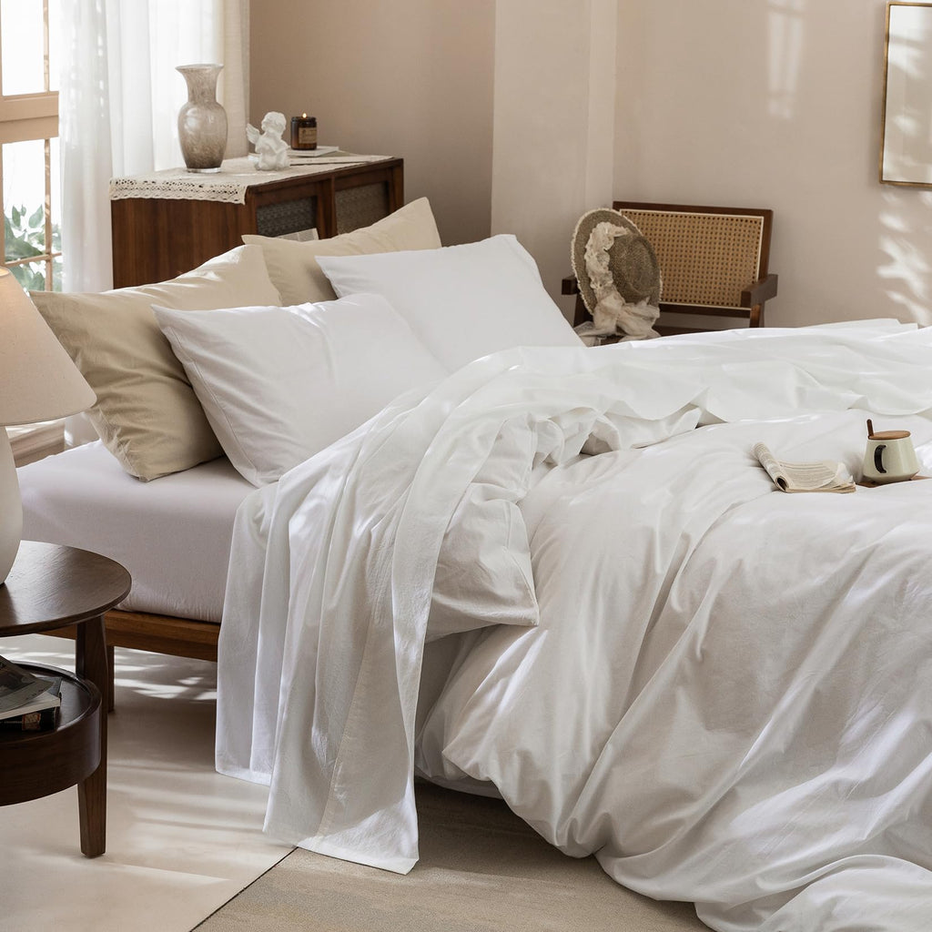 4Pcs Bright White Cotton Bed Sheet Set Deep Pocket