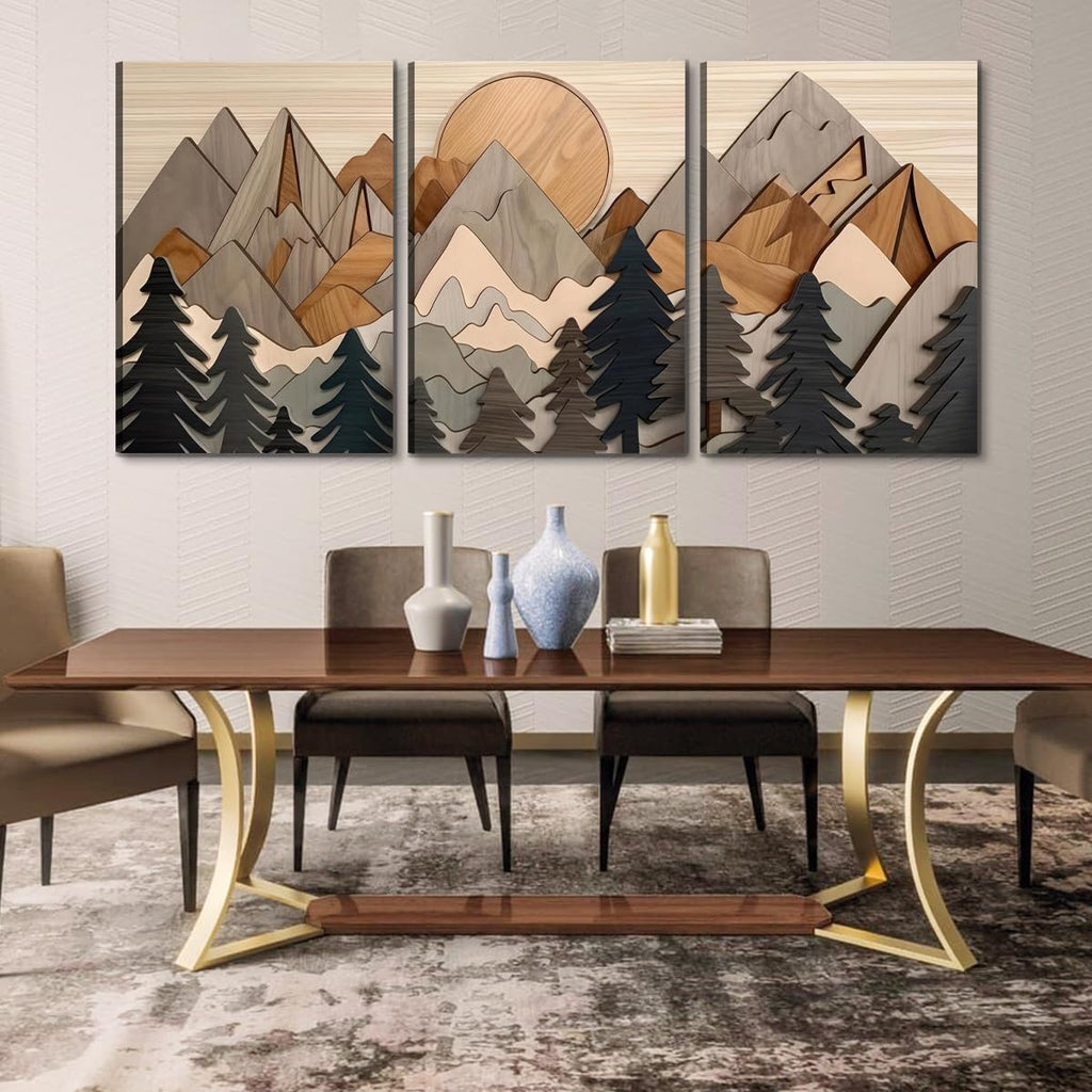 Set of 3 Mountain canvas Wall Art Large Forest Wall Decor pictures Woodcut Wooden Landscape poster Prints Abstract