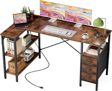 L Shaped Gaming Desk with Power Outlets, 55 Inch Computer Desk with 3 Drawers, Shelves
