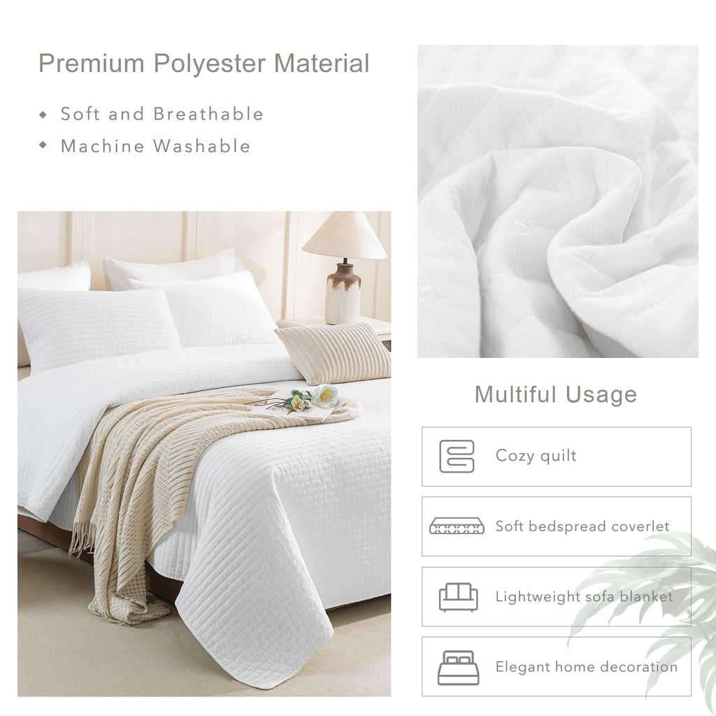 White Oversized King Quilt 120x120, Lightweight, 3 Piece Extra Large Modern California King Coverlet Set Ultra Soft
