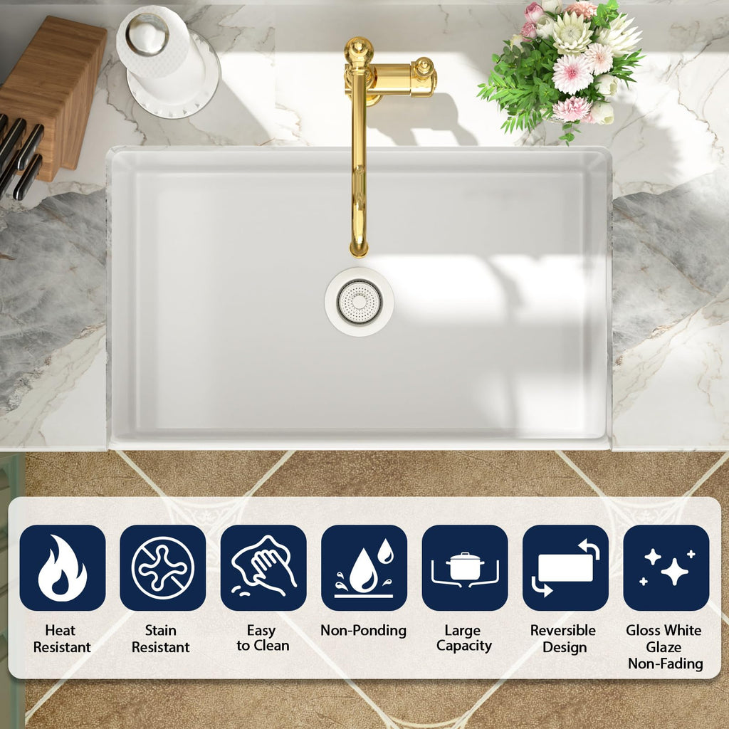 30 Inch White Farmhouse Sink 30x18 Fireclay Single Bowl Apron Front Kitchen Sinks Undermount Installation Ceramic