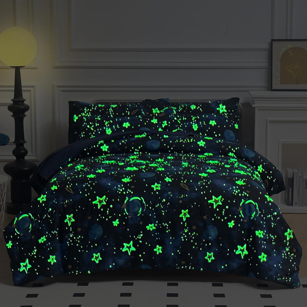 Glow in The Dark Kids Comforter Set, 4 Pieces Blue Space Bedding Set Full for Boys Girls Teen, 1 Comforter, 1