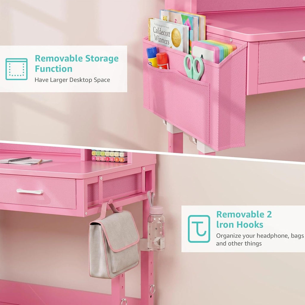 Pink Kids Desk with Hutch, 32" Height Adjustable Mobile Rolling Girls Desk