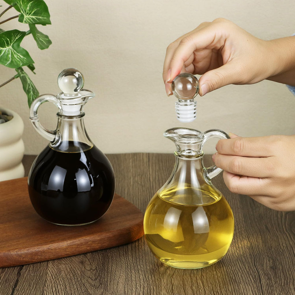 Glass Oil and Vinegar Cruets, 8oz Clear Glass Olive Oil Dispenser Bottles with Airtight Stoppers, Round - Set of 2