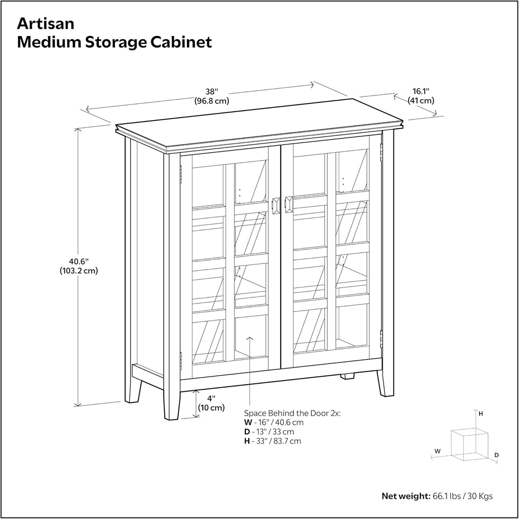 Artisan 38" Wide Solid Wood Storage Cabinet in Black | Transitional medium accent cabinet with glass doors, tapered