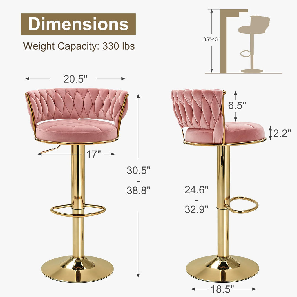 Bar Stools Set of 4, Adjustable Barstools Counter Height Stools with Back and Arm, Velvet Woven Kitchen Island Stools