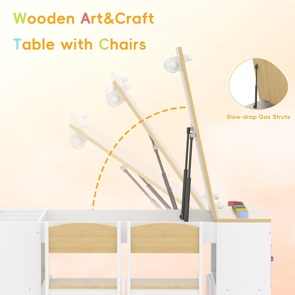 Kids Art Table and 2 Chairs Set, Wooden Craft Desk with 2 Storage Shelves, 6 Storage Bins & Paper Roll for Drawing