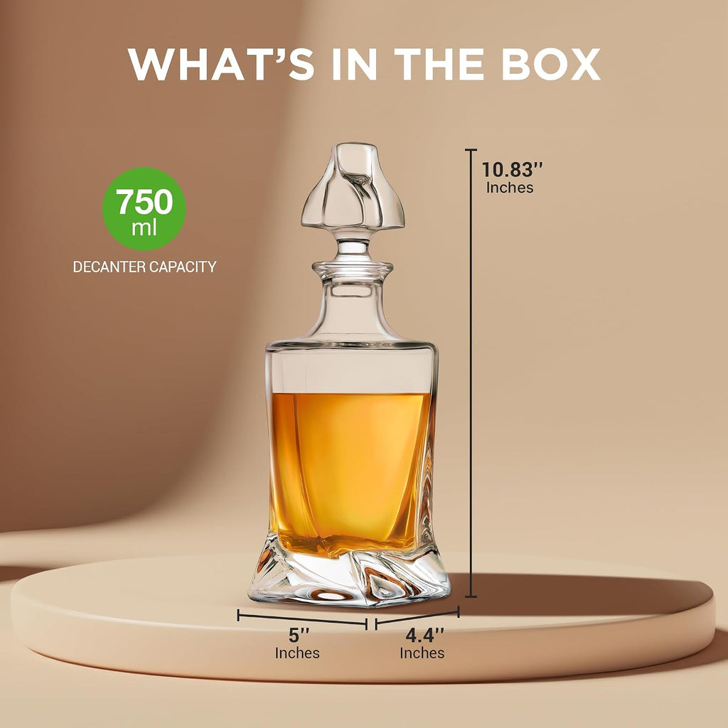 Glass Whiskey Decanter - Elegant Liquor Decanter for Scotch, Brandy, Bourbon, Rum, Gin, Vodka & Wine, Thick Bottom