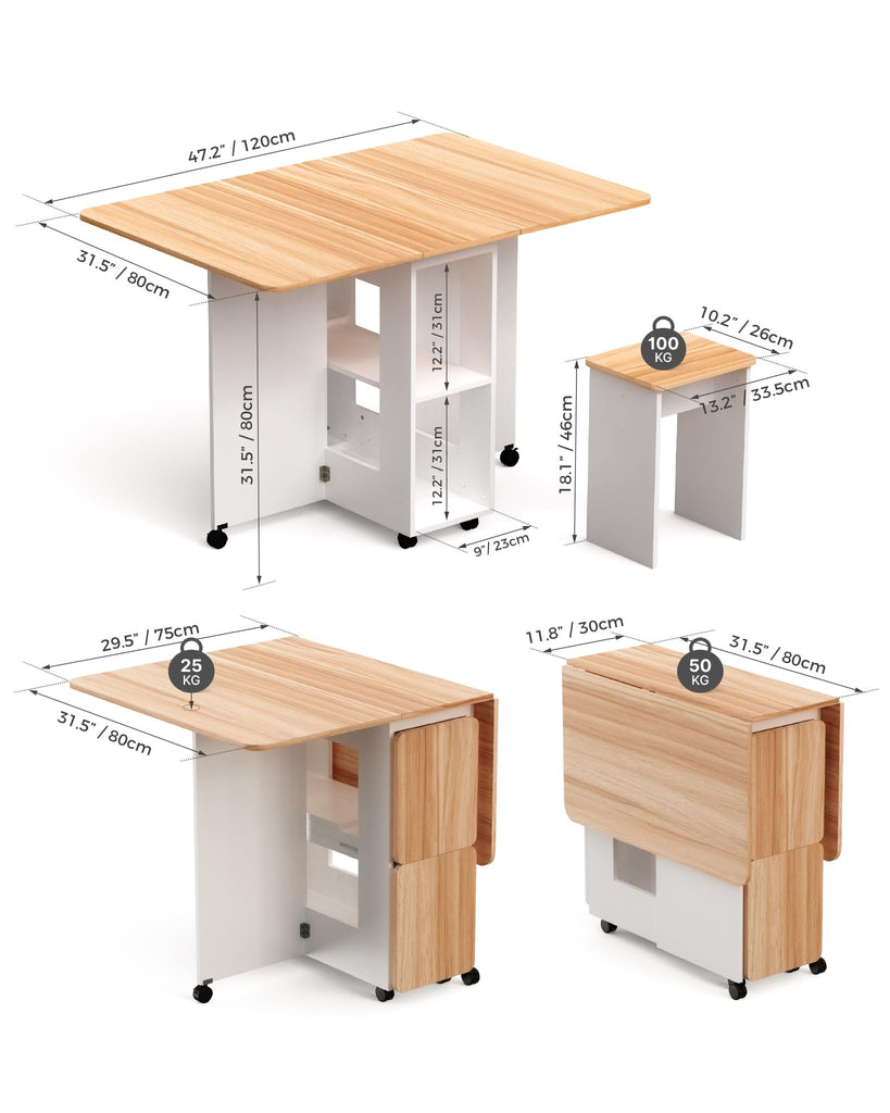 Folding Dining Table with 4 Chairs for Small Spaces, Oak and White