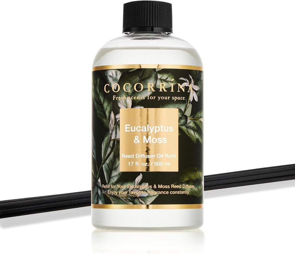 Reed Diffuser Refill Eucalyptus & Moss 17oz (500ml) with 8 Rattan Sticks - Premium Long-Lasting Essential Oil, Home - Set of 17