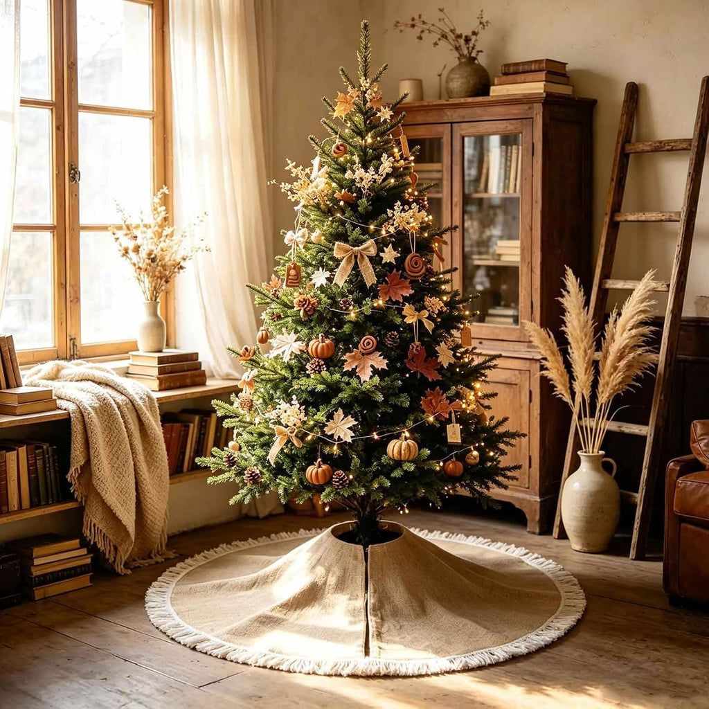 36" Burlap Tree Skirt with Tassel Farmhouse Jute Linen Fall Tree Skirt