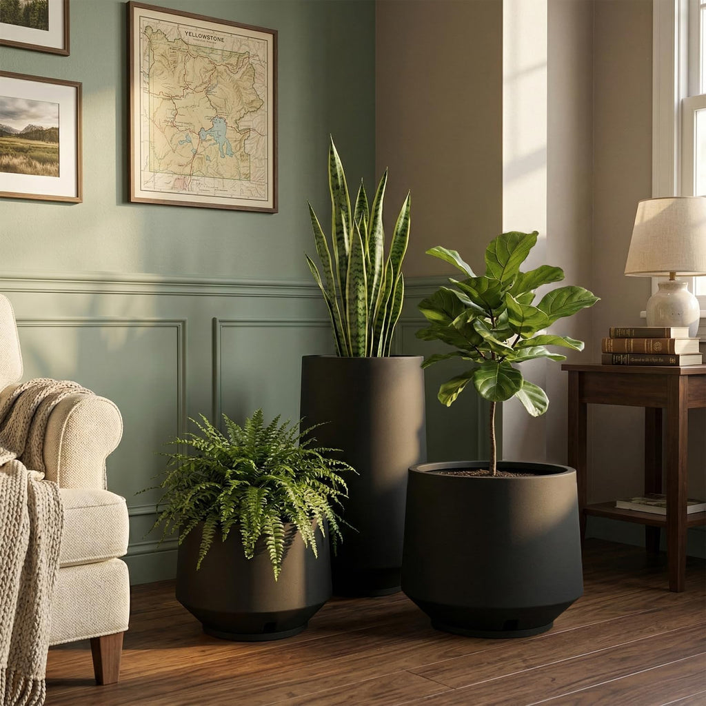 Berlin Set of 3 Planters, Indoor Outdoor Plant Pots with Drainage Hole and Saucer, Modern Planters , Porch, Entryway