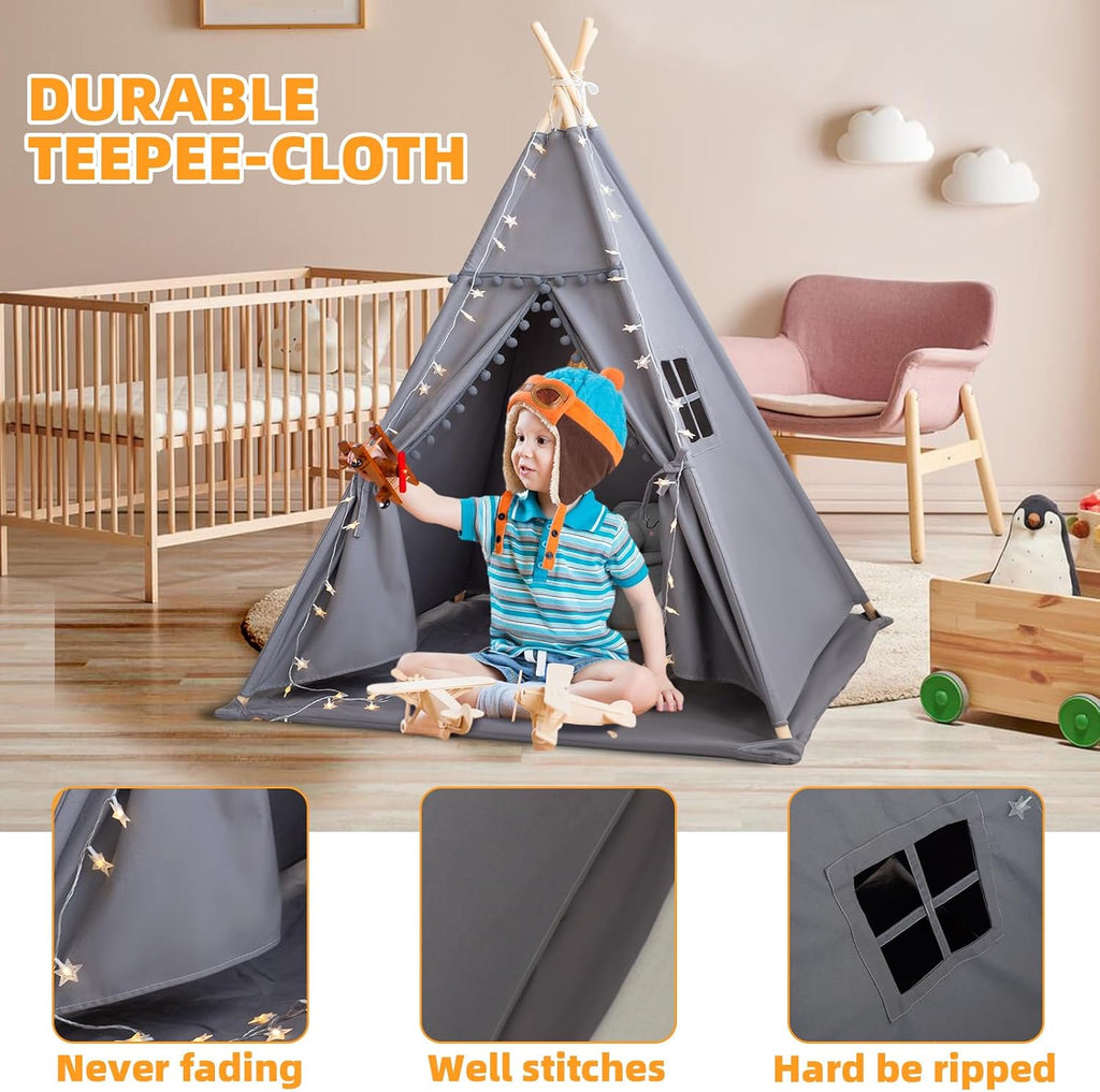 Teepee Tent for Kids with Mat, Star Lights, Carry Case, Cotton Canvas Playhouse, Foldable Tents, Portable Children
