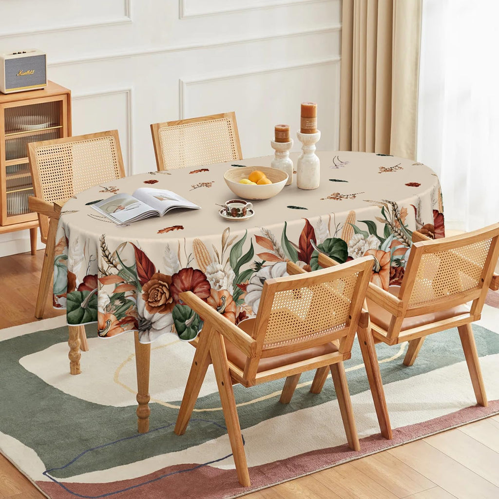 Fall Tablecloth 60 x 84 Inch Oval Flower Autumn Harvest Pumpkin