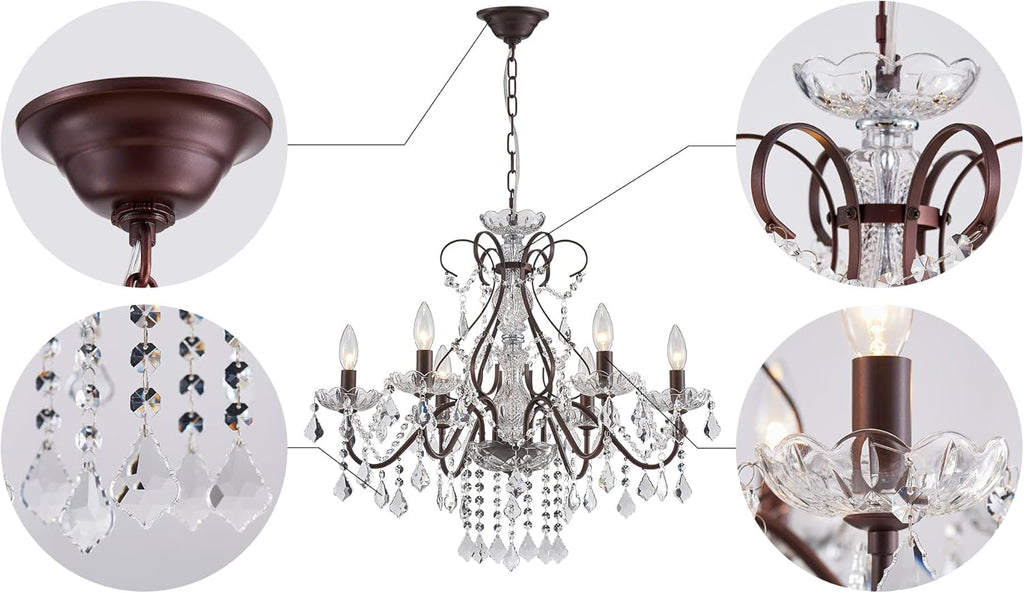 6 Light Crystal Chandelier Light Fixture Modern Chandelier Crystal Lighting, Crystal Pendant Raindrop Chandelier for Dining Room,Bedroom,Living Room,H23 x D24, 6-Light A100-B09HBS96GS