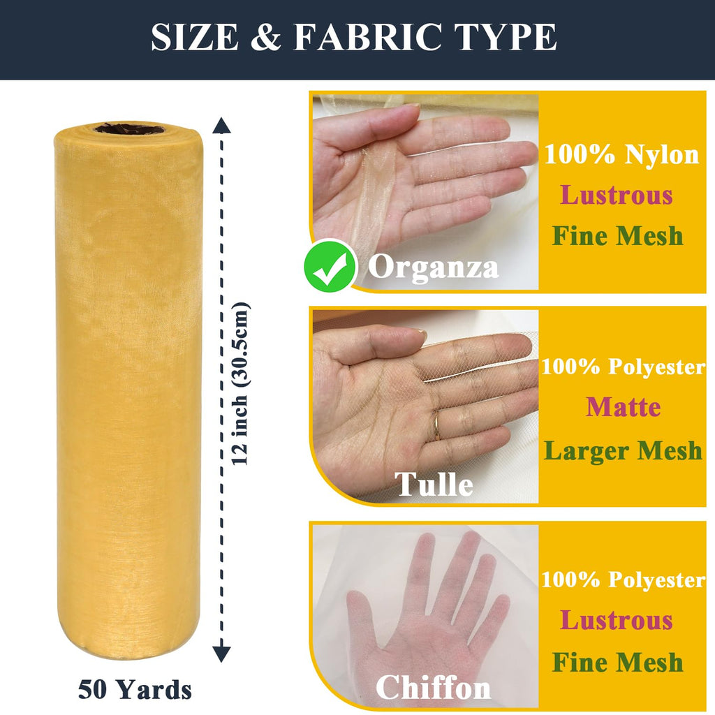 Gold Organza Tulle Fabric Rolls, 12" x 50 Yards (150 Ft), Crystal Sheer