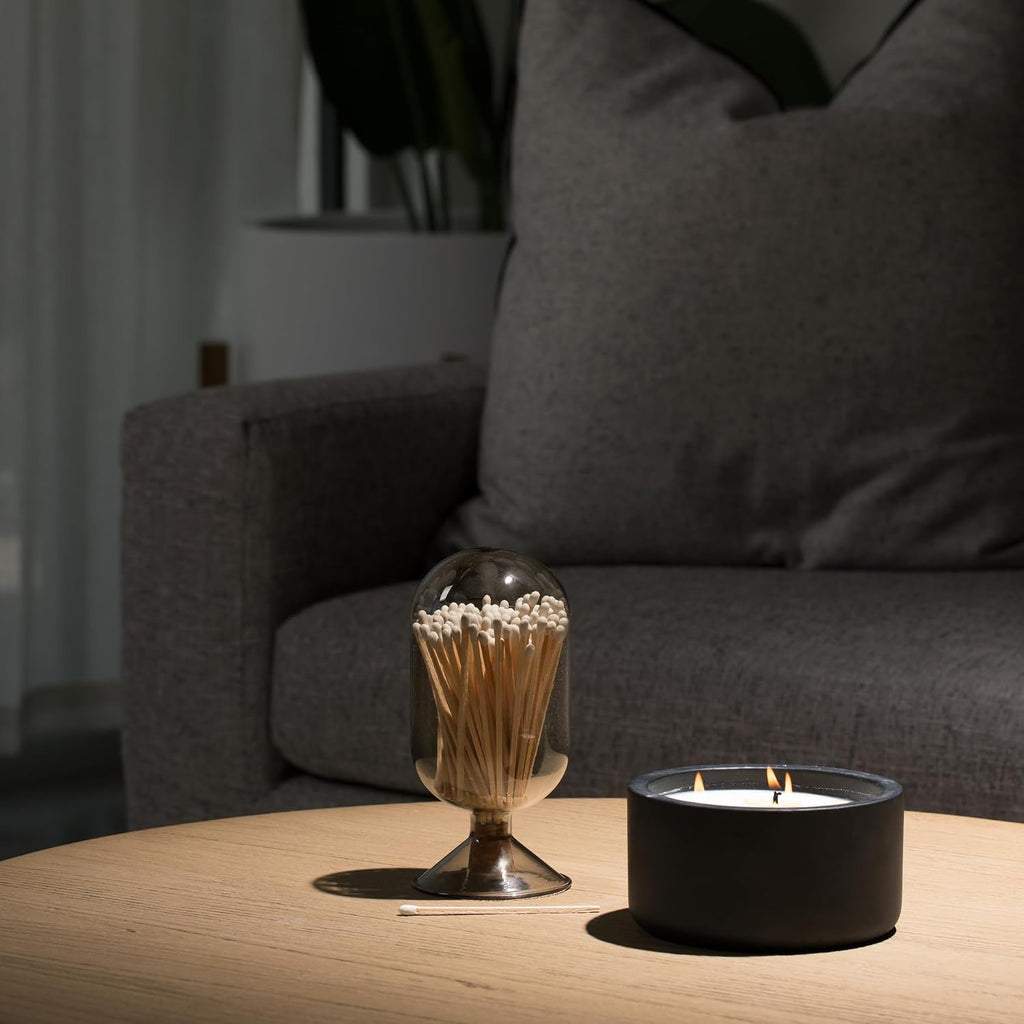 Premium Smoke Glass Cloche - Decorative Jar with Striker. Holder for Long Matches for Candles, Fireplace, Bathroom