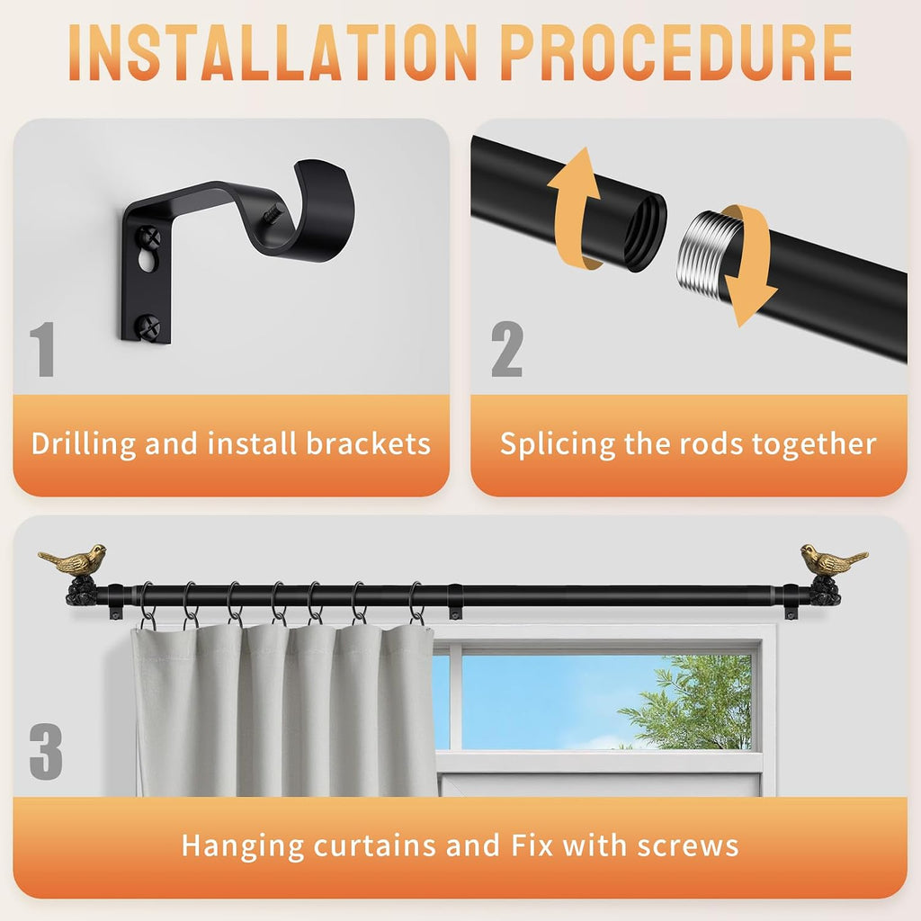 Bird Curtain Rod 18-45 Inch Black Curtain Rod with Gold Bird Finials Adjustable Heavy Duty Vintage Drapery Rod for