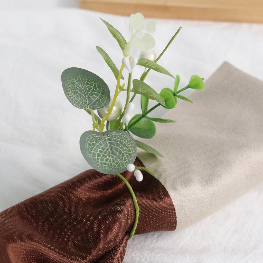 Napkin Rings - Mini Greenery Eucalyptus Leaf Napkins Rings for Wedding Table Decor, Flower Napkin Ring - Set of 12