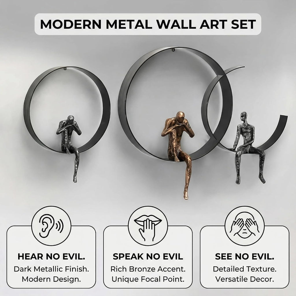 Wall Decor, Metal & Resin 3D Wall Art, Minimalist Modern Art Work Ornaments, Thinker Wall Sculpture Bedroom Kitchen - Set of 3