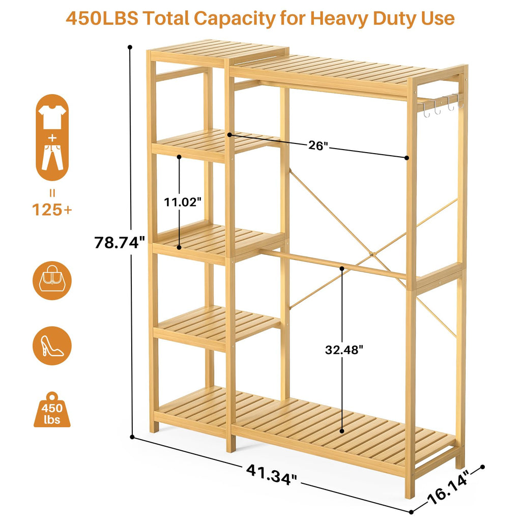 Bamboo Clothing Rack with 7 Adjustable Shelves, 2 Hang Rods