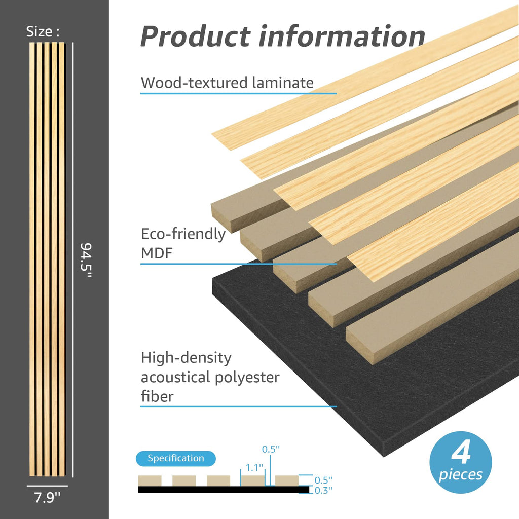 4-Pack Soundproof Wood Slat Wall Panels, 94.5 x 7.9 Inch, Oak