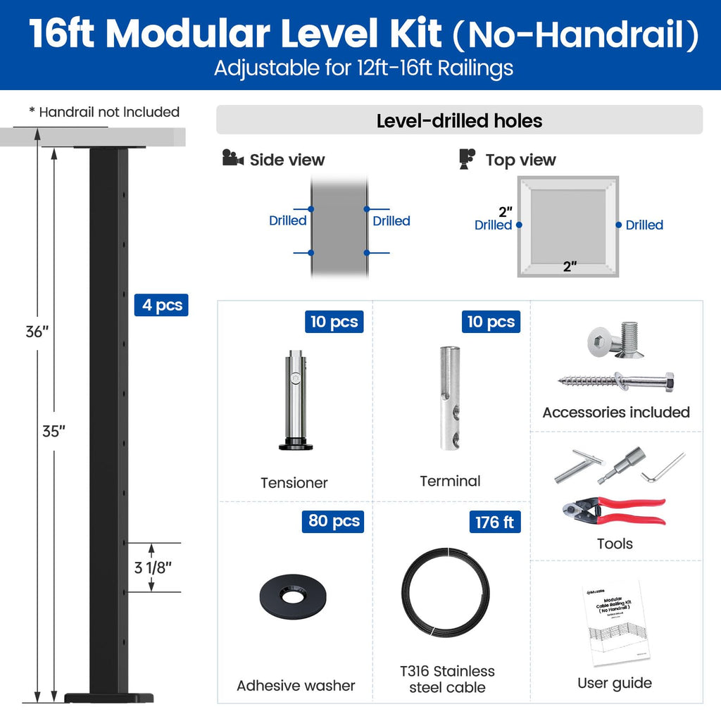 12-16ft Modular Cable Railing Kit for Deck Surface Mount 36in RW17