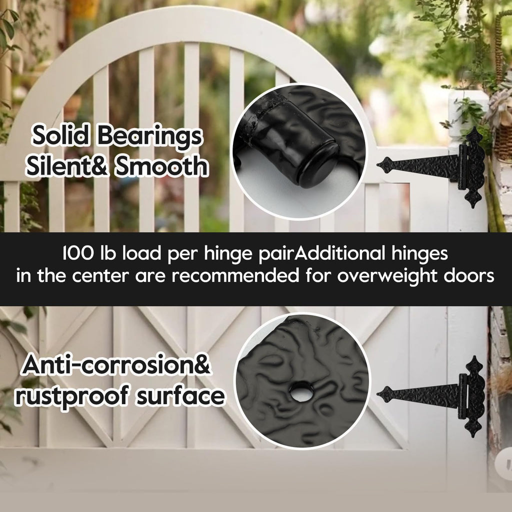 T Strap Gate Hinges Heavy Duty, Decorative Hammered T Hinges, Outdoor Hinges for Wood, 6 Inch Tee Hinges for Wooden