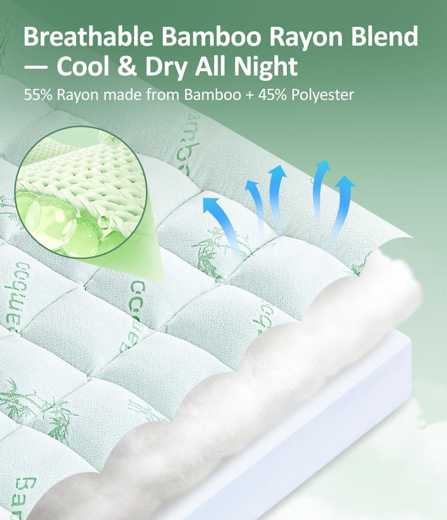 Ultra Soft Mattress Topper King Size - Cooling Mattress Topper with Rayon Made from Bamboo Cover - 1000GSM Plush