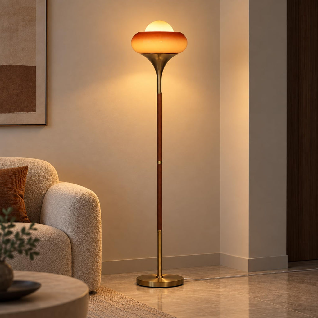 Mid Century Modern Orange Floor Lamp, Gradient Amber Glass Shade