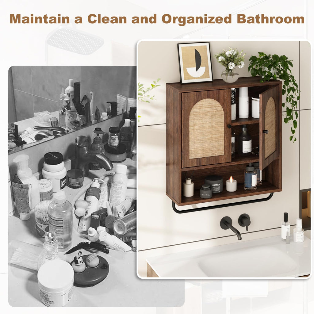 Rattan Bathroom Wall Cabinet, Boho Medicine Cabinet with 2 Doors