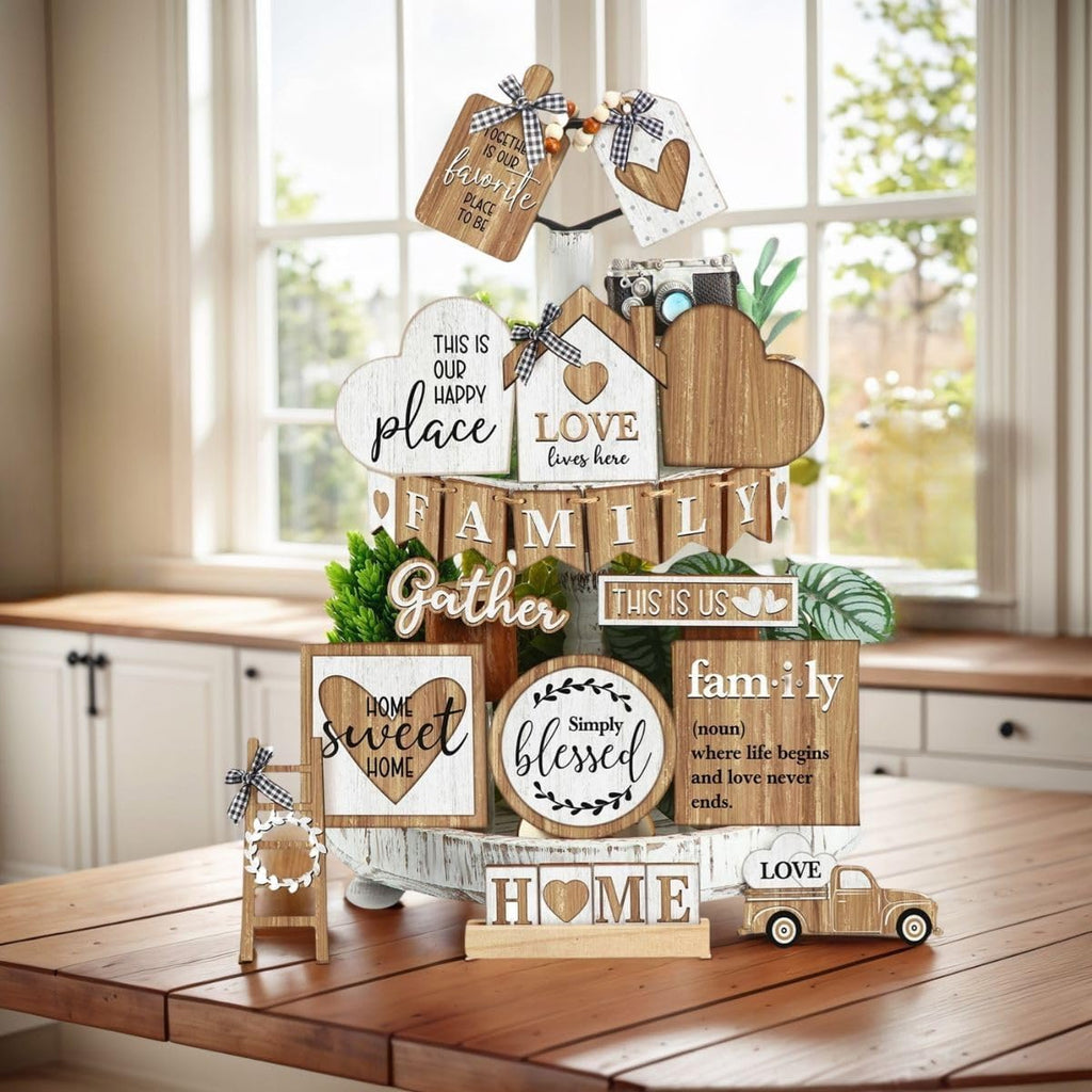 Farmhouse Tiered Tray Decor Set,Rustic Kitchen Decoration, Wooden Signboards in The Original Wood Color,Table - Set of 21