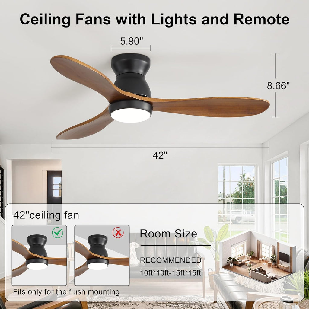 42 Inch Ceiling Fan with Light and Remote & APP Control, 3 Wooden Blades, 6 Wind Speeds, Quiet DC Motor