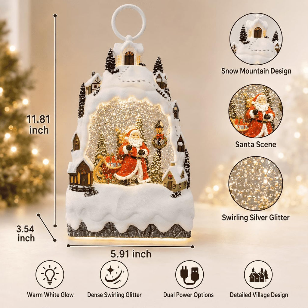 Christmas Snow Globe Lantern with 8 Songs, Santa Snow Mountain Water Globe with Swirling Silver Glitter, Warm Light