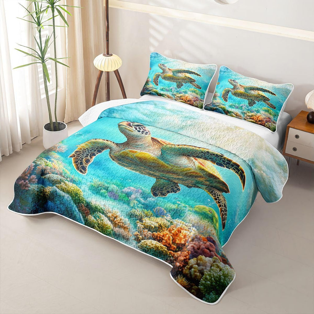 Sea Turtle Quilt Set Ocean Coastal Quilted Bedspread Lightweight Coverlet Set Reptile Tortoise Bedding Set with