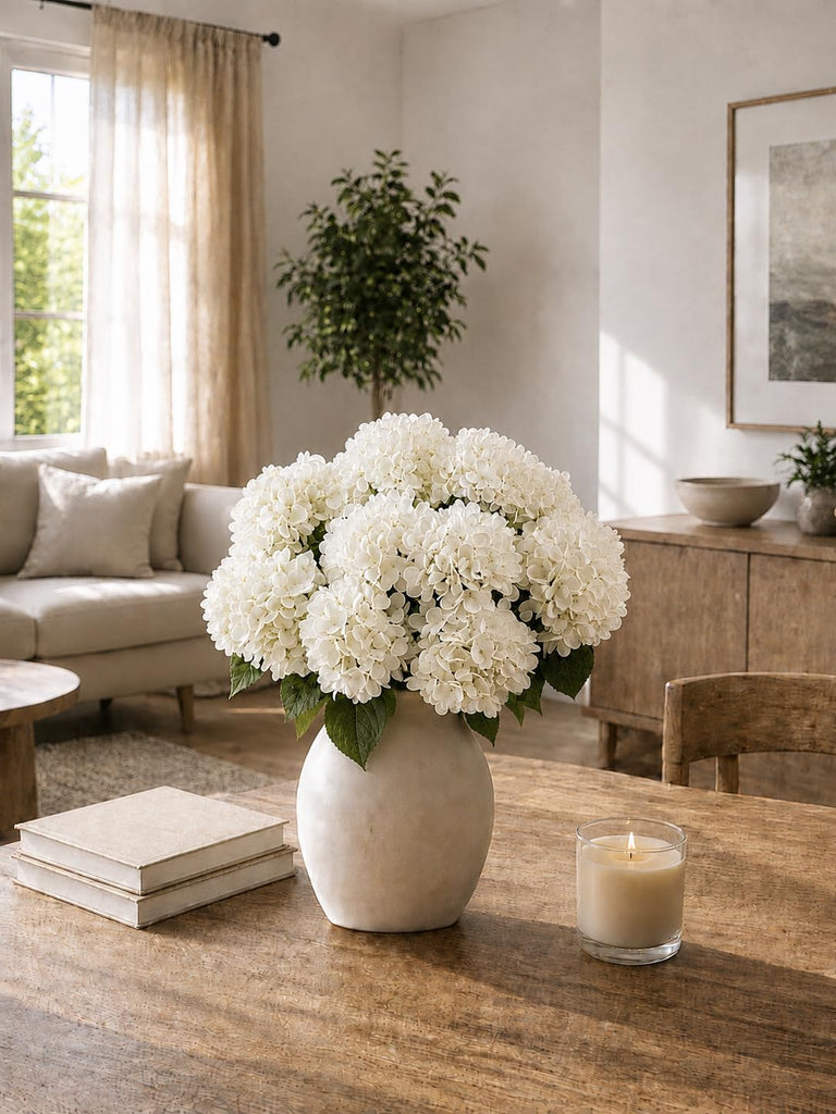 White Hydrangea Artificial Flowers Outdoor,30 Flower Heads UV Resistant Faux Hydrangeas Silk Flowers - Set of 6