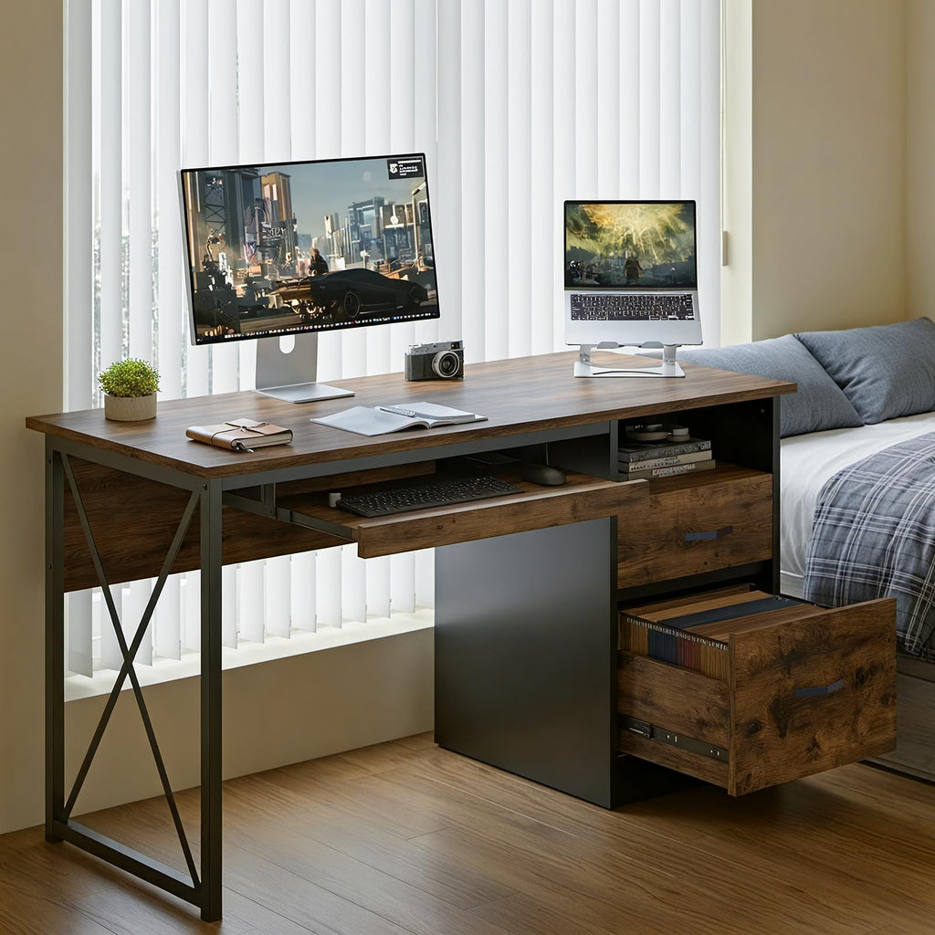 Office Desk with Drawers, 55 inch Industrial Computer Desk with Storage, Wood Teacher Desk with Keyboard Tray & File