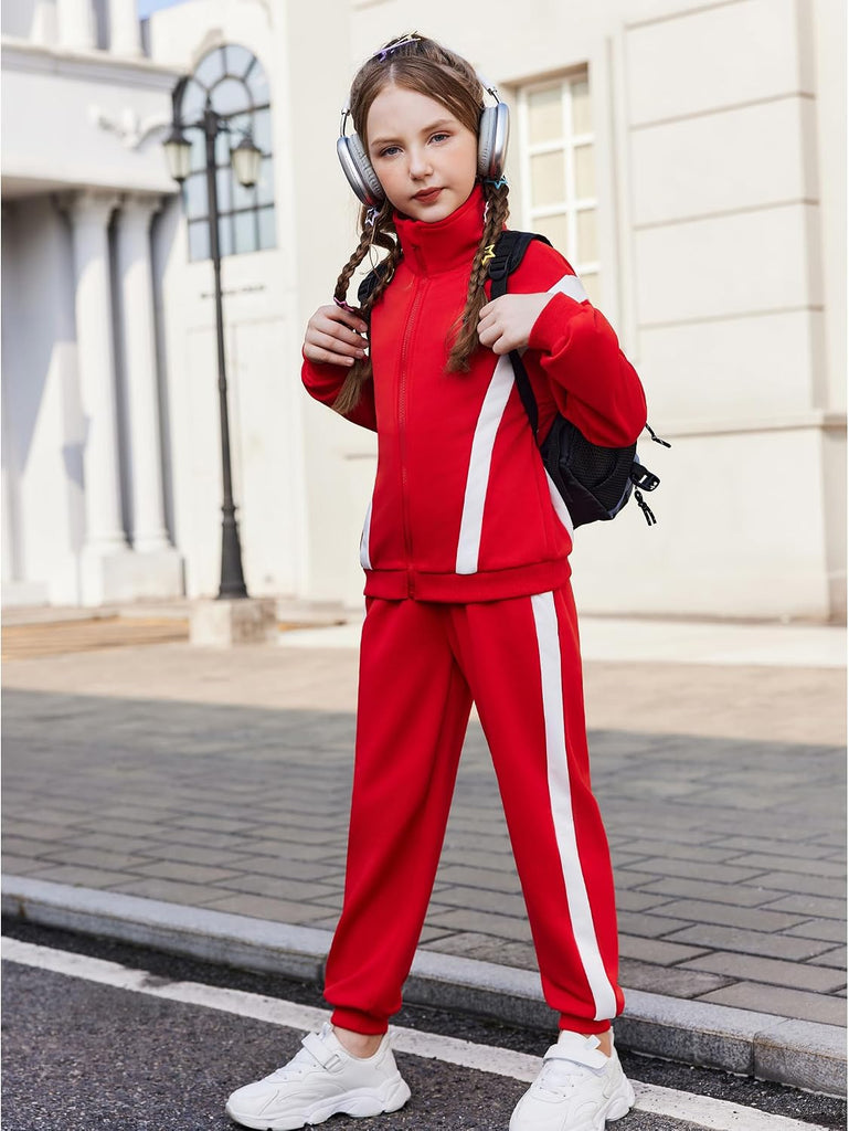 Girl's 2 Piece Outfits Zip Up Sweatsuit Contrast Striped Tracksuit