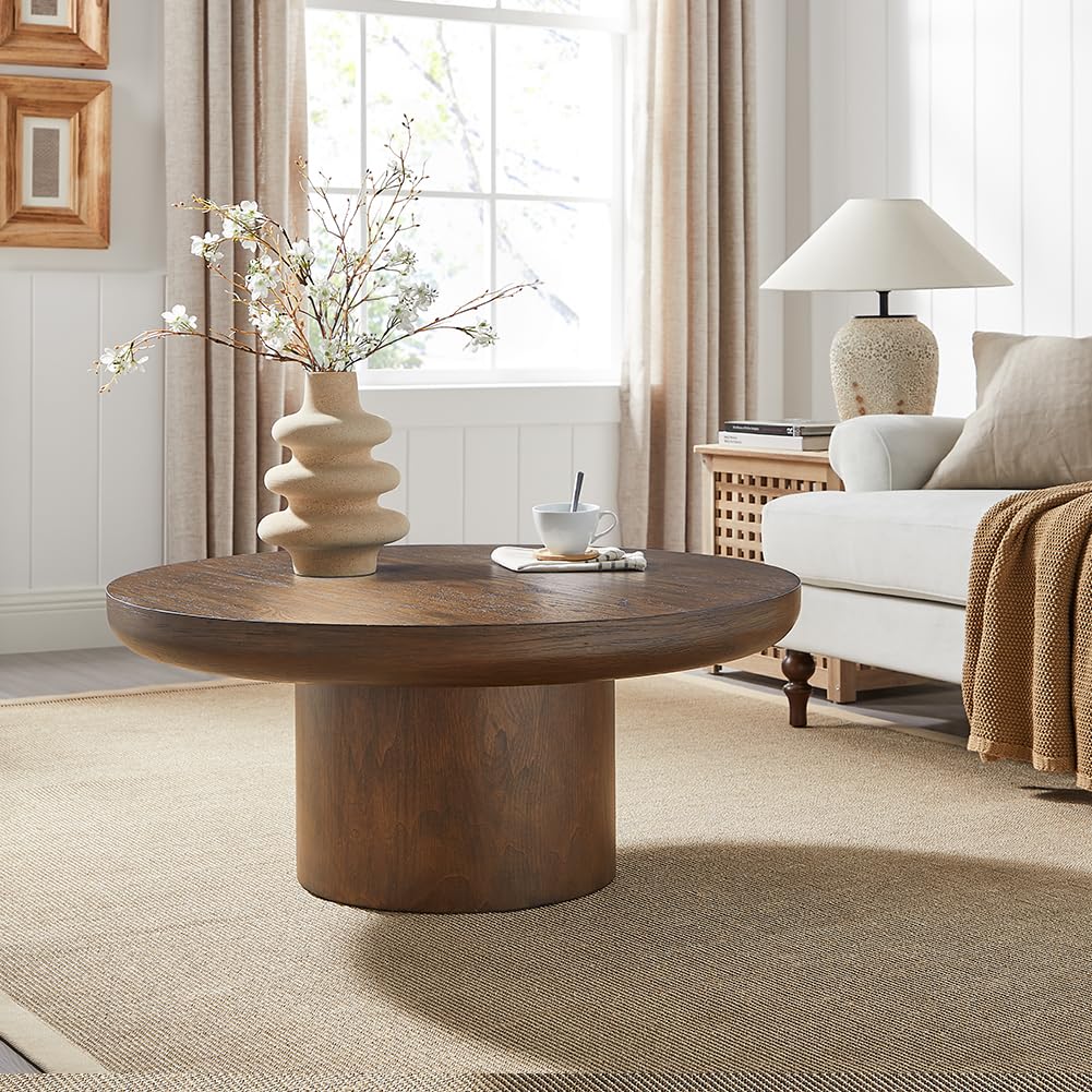 Round Wood Coffee Table Modern Circle Coffee Table Pedestal Center Table, Easy Assembly Brown