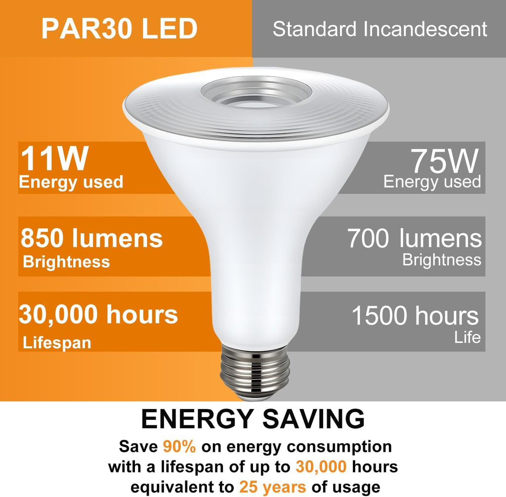 PAR30 Long Neck LED Flood Light Bulbs Dimmable 11W 2700K 6 Pack