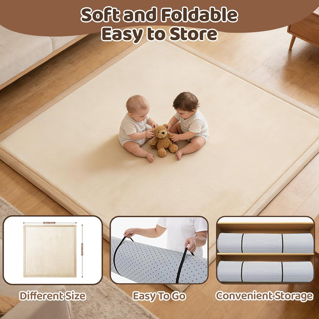 Play Mat for Floor, 1.3 Inch Thick Memory Foam Tummy Time Mat with Non Slip Backing, Soft Coral Velvet 50×50 Inch