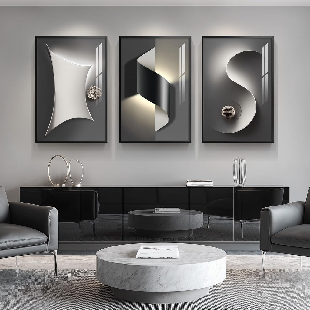 Framed Abstract Modern Black and White Wall Art, 24x36 Inch