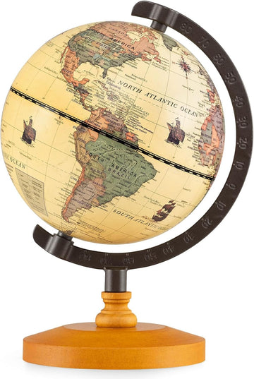 6" World Globe, Mini Antique Globe with Metal Stand, Non-slip Wooden Base & Geographic Markings, Decorative Desktop