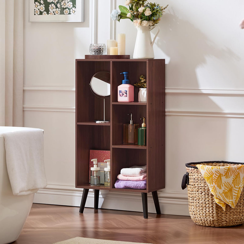5 Cube Bookshelf, Mid-Century Modern Book Shelf with Legs, Walnut