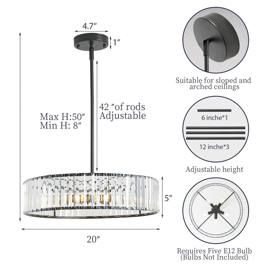 Adjustable Height Modern Black Crystal Chandelier 20 Inch
