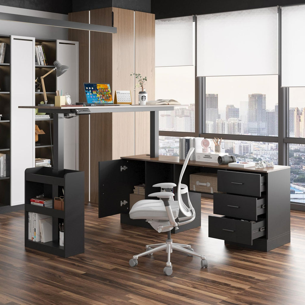 Electric Standing Desk with Drawers and Shelves, Executive Adjustable Height Stand Up Desk, L-Shaped Design, 63 inch